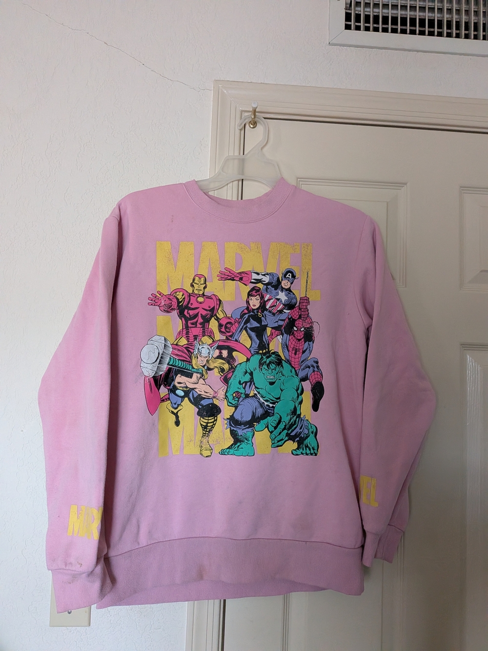 Marvel Avengers Comic Superhero Graphic Pink Crewneck Sweatshirt